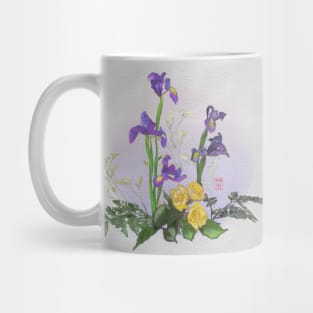 Ikebana irises with yellow roses watercolor Mug